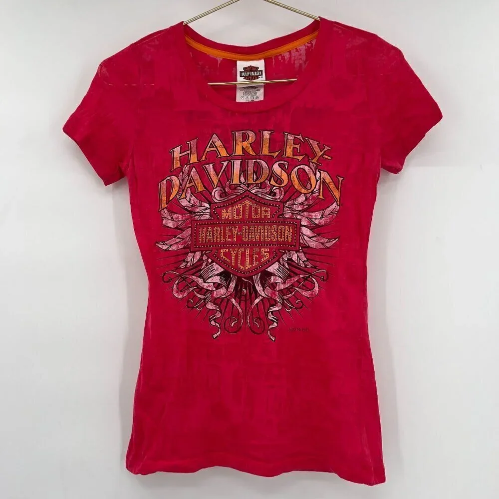 Harley Davidson Women's Embellish Short Sleeve Pink Graphic T Shirt M - Picture 1 of 7